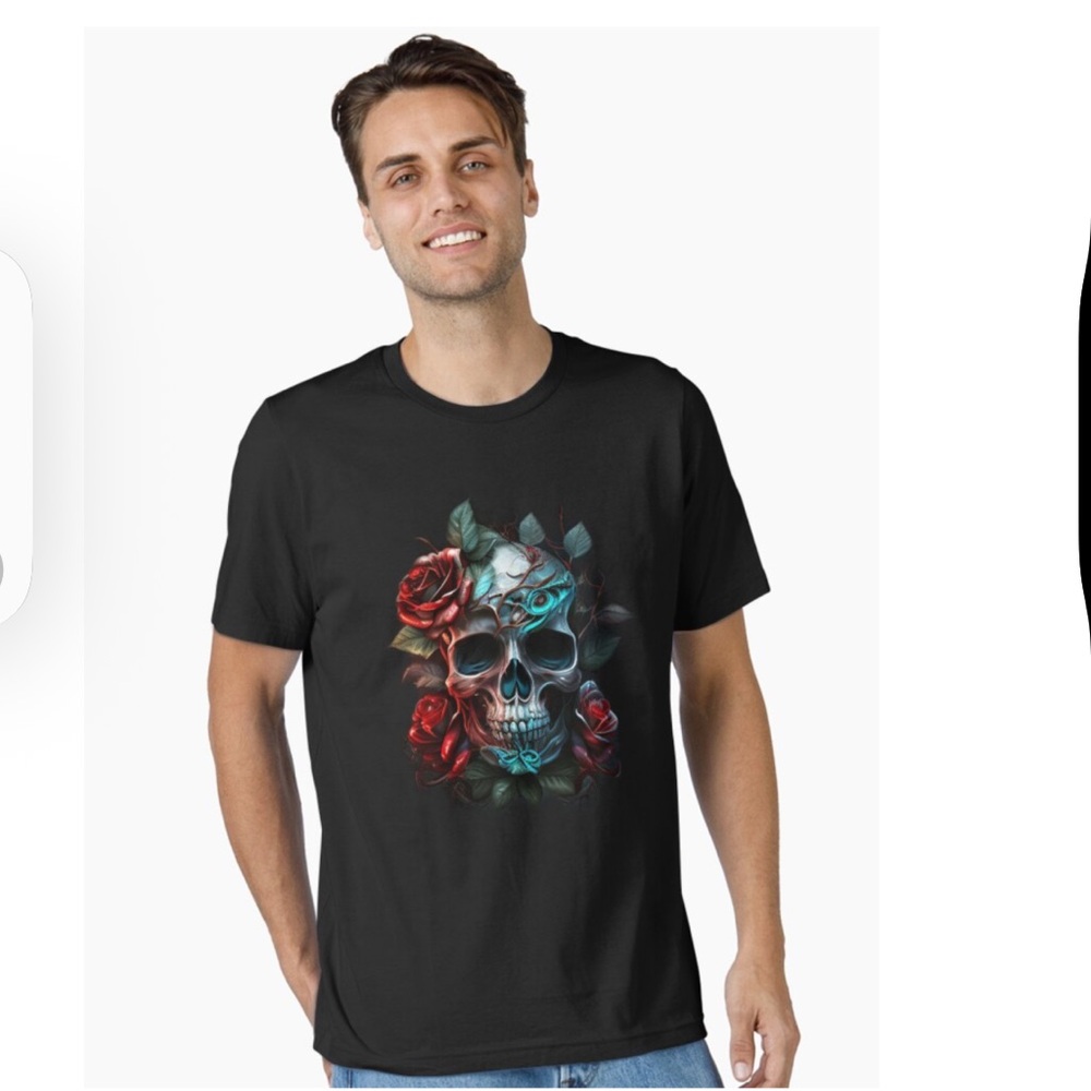 Guess Black Unisex Tee with Skull and Floral Design